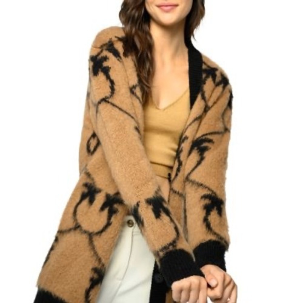 Pinko Adelphi Cardicoat Camel Black Mohair Jacquard Monogram